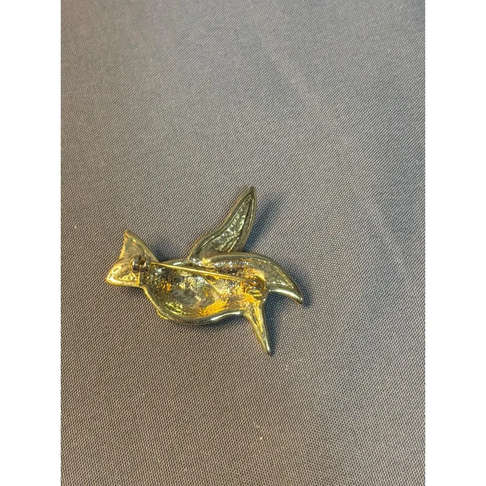 Vintage Hummingbird Brooch Gold Tone Enamel Bird Pin Green Red Rhinestone Eye